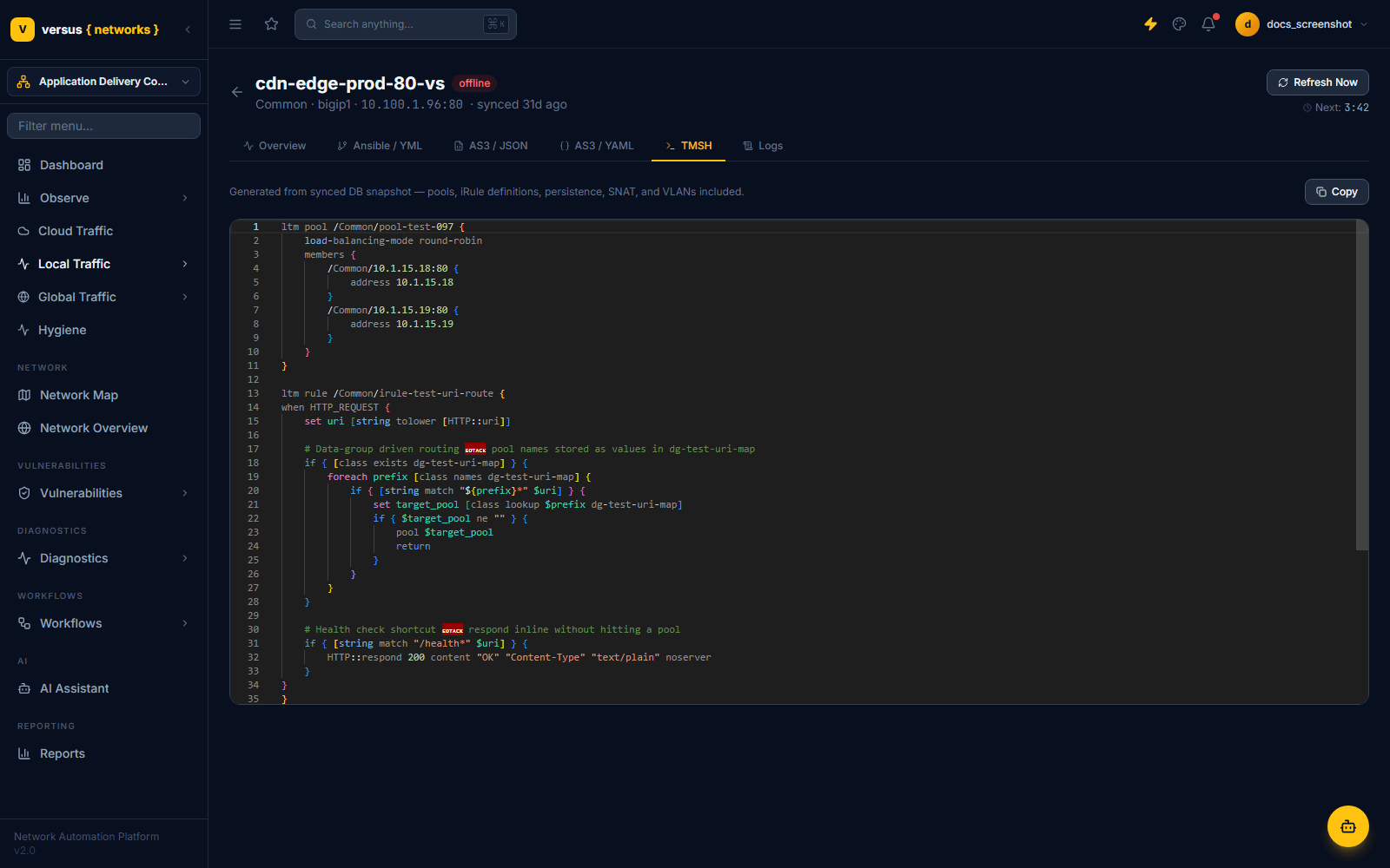 Click to enlarge TMSH tab for an F5 virtual server, showing generated pool and iRule config