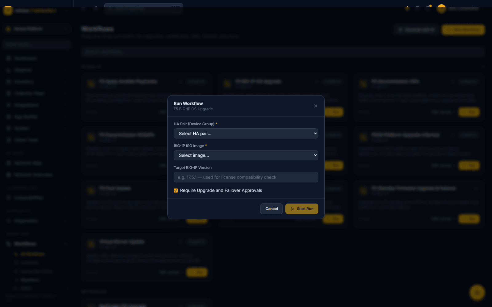 Run Workflow modal for F5 BIG-IP OS Upgrade