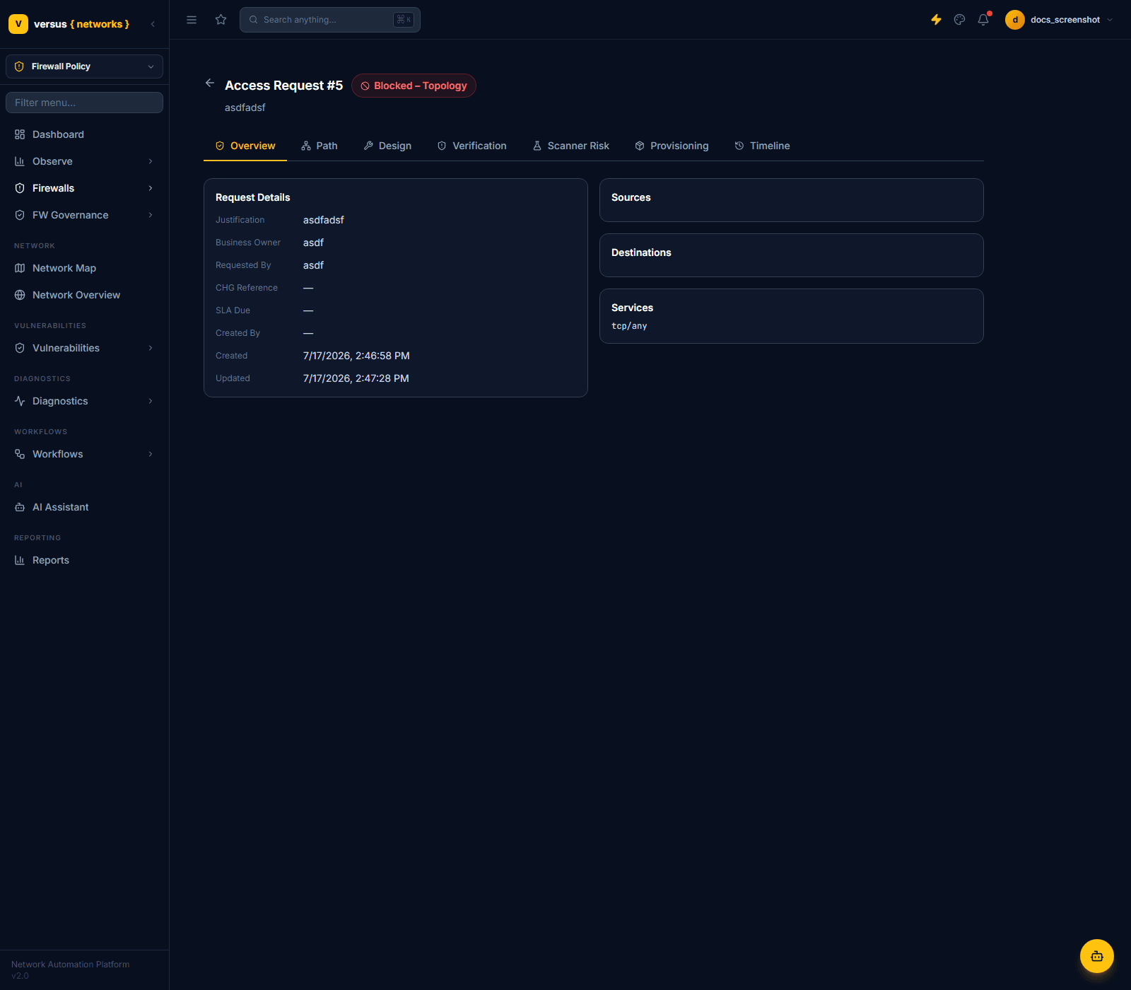 Click to enlarge Access request detail Overview tab in the Blocked – Topology state