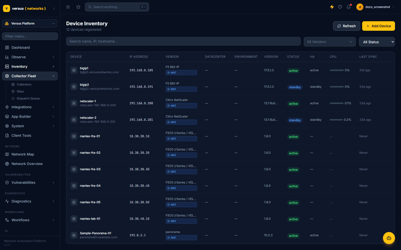 Click to enlarge Sidebar with the Collector Fleet group expanded, showing Collectors, Sites, and Dispatch Queue