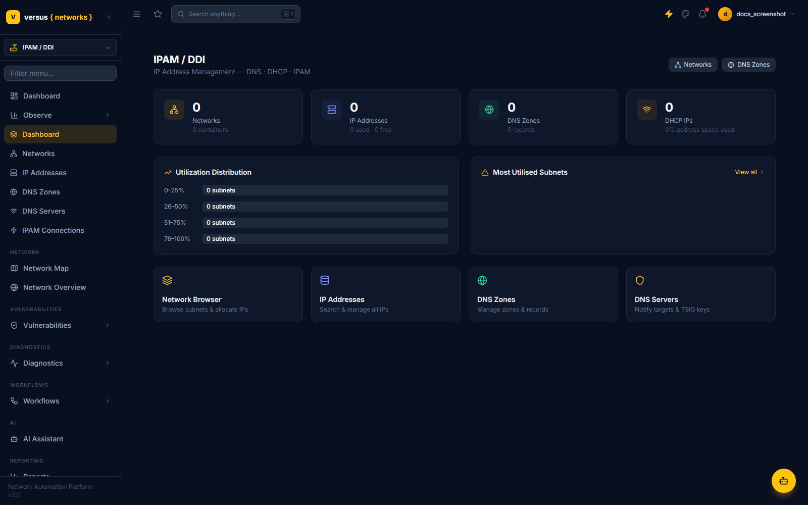 Click to enlarge IPAM / DDI dashboard showing network, IP address, DNS zone, and DHCP IP counts, a utilization distribution panel, and shortcut cards