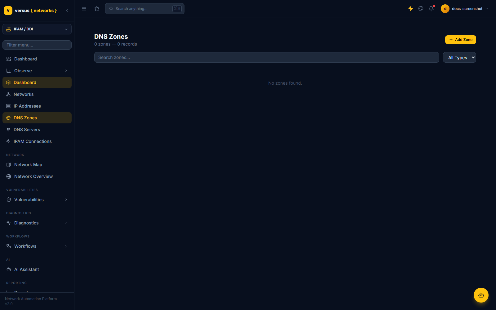 Click to enlarge DNS Zones management view listing forward and reverse zones with their records