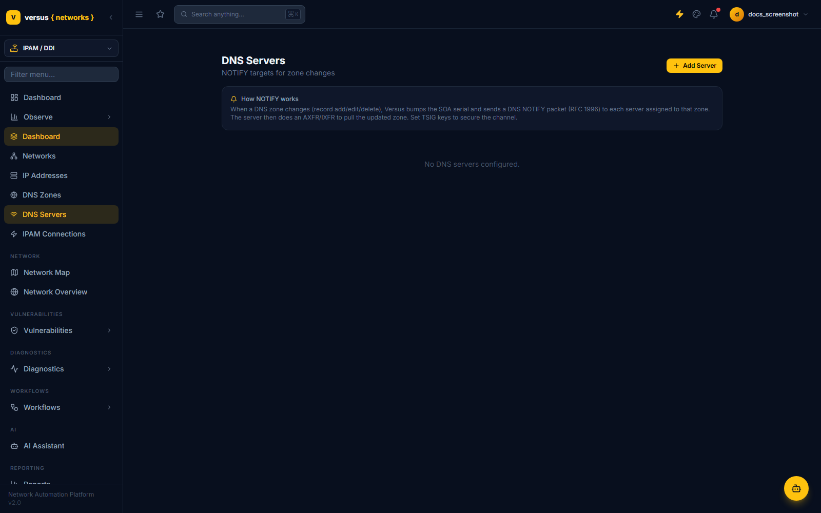 Click to enlarge DNS Servers view for managing notify targets and TSIG keys