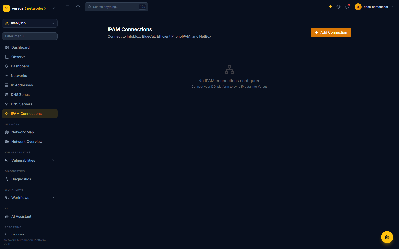 Click to enlarge IPAM Connections page listing configured sources, with an Add Connection button and supported platforms noted as Infoblox, BlueCat, EfficientIP, phpIPAM, and NetBox