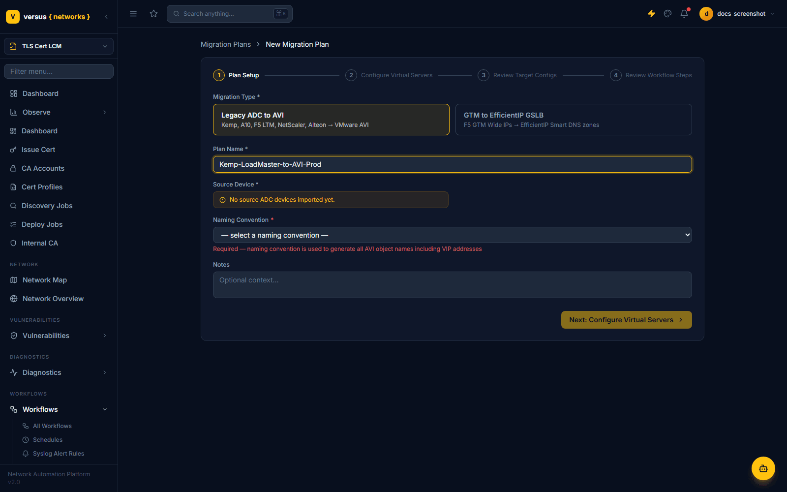 Migration wizard Step 1 — Plan Setup
