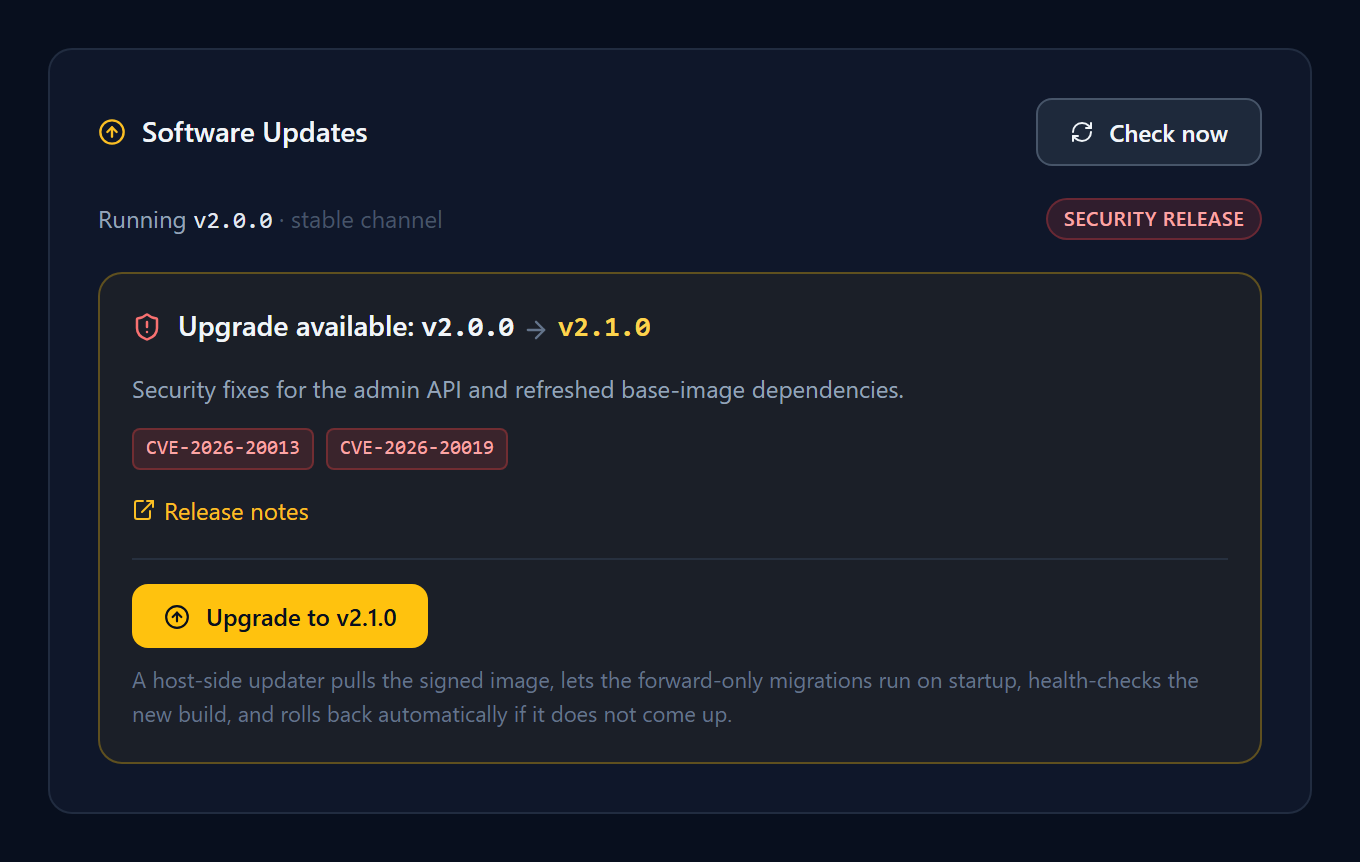The Software Updates card in System → Settings showing a signed release is available: a v2.0.0 → v2.1.0 version delta, a Security release badge, the CVEs it fixes as chips, a release-notes link, and a one-click Upgrade button