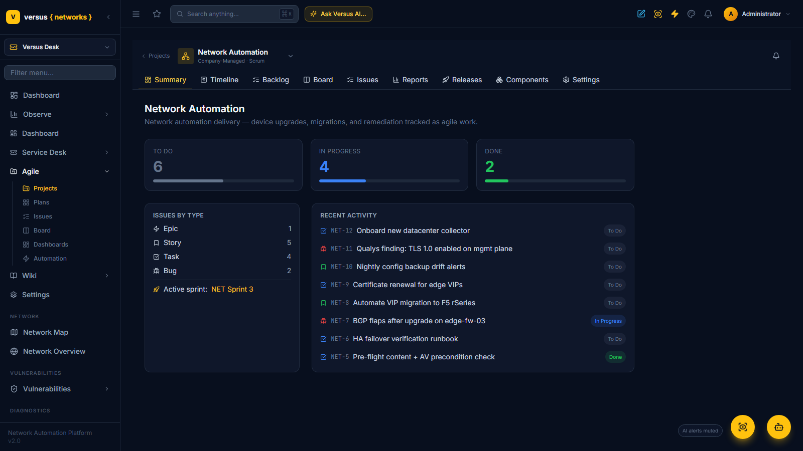 Click to enlarge Project workspace Summary tab showing status counts, issues by type, active sprint and recent activity