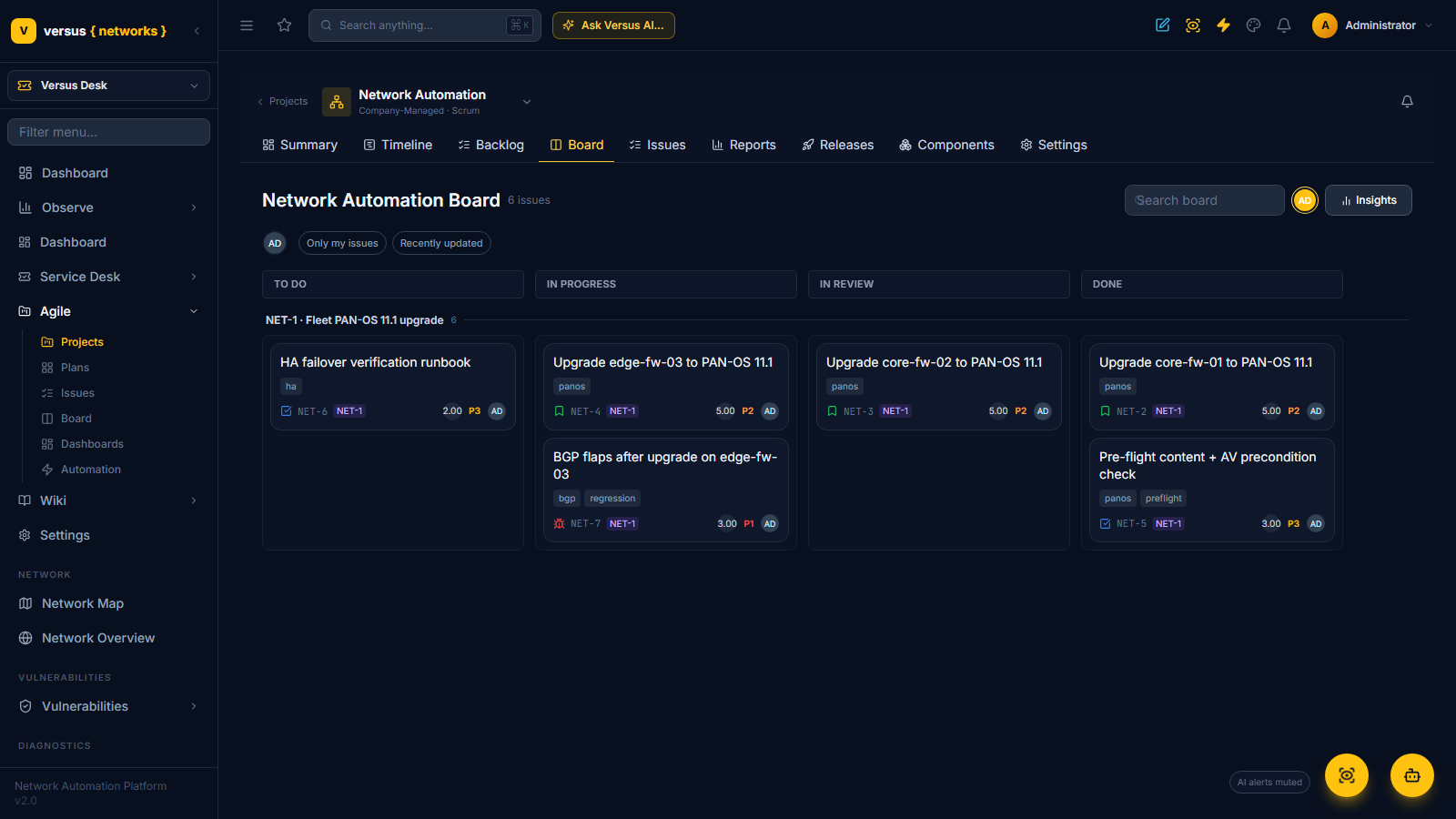 Click to enlarge Scrum board with To Do, In Progress, In Review and Done columns and an epic swimlane
