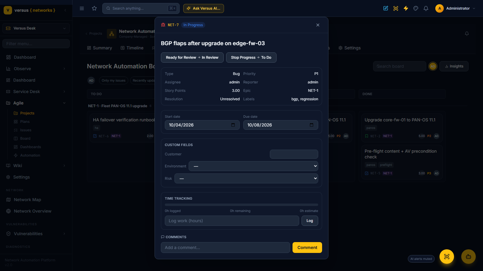 Click to enlarge Issue detail dialog for NET-7 with transition buttons, fields, dates, custom fields, time tracking and comments