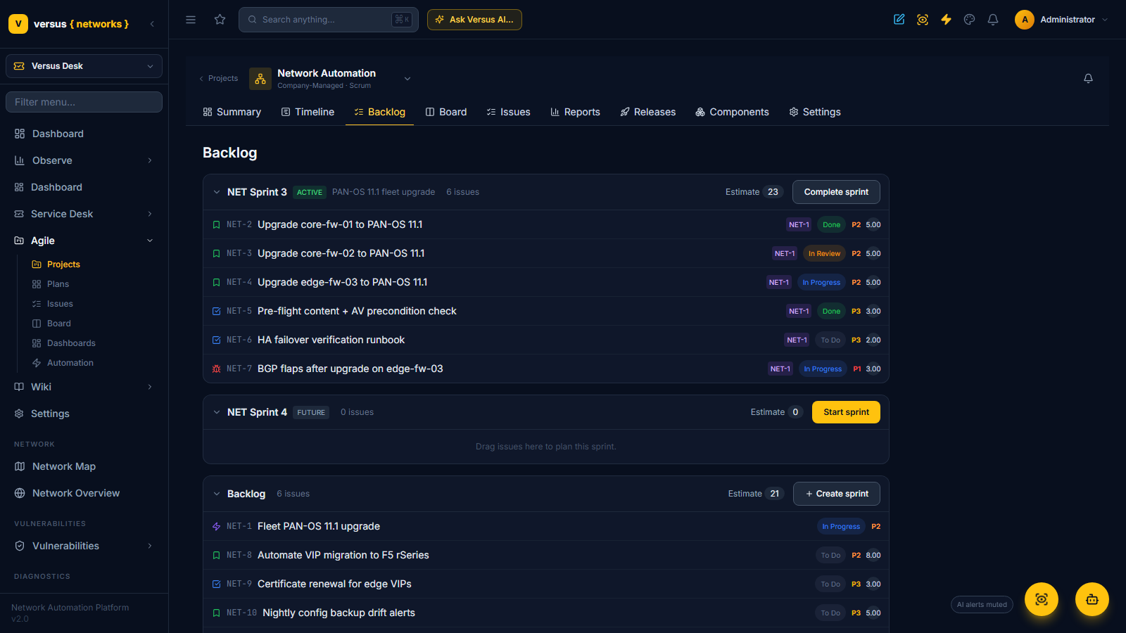 Click to enlarge Backlog page with an active sprint, a future sprint and the ranked backlog, each with an estimate rollup