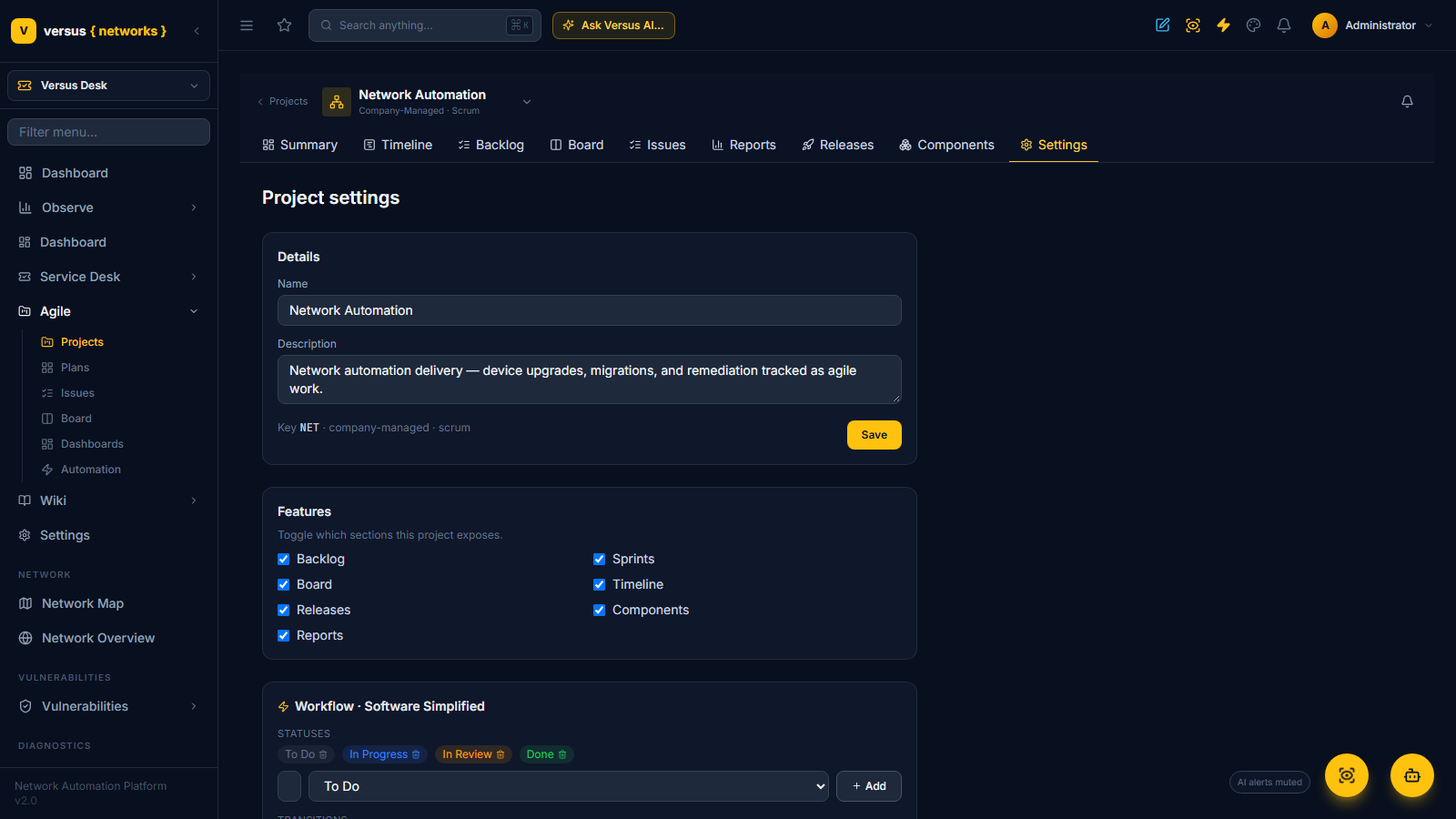 Click to enlarge Project settings page with details, feature toggles and the workflow statuses