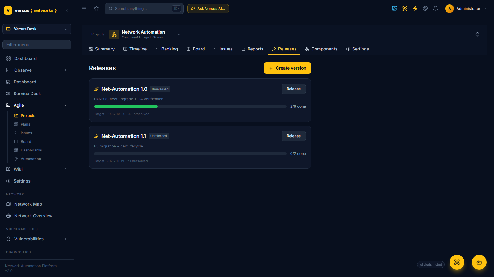 Click to enlarge Releases page with two versions, their progress bars, target dates and Release buttons