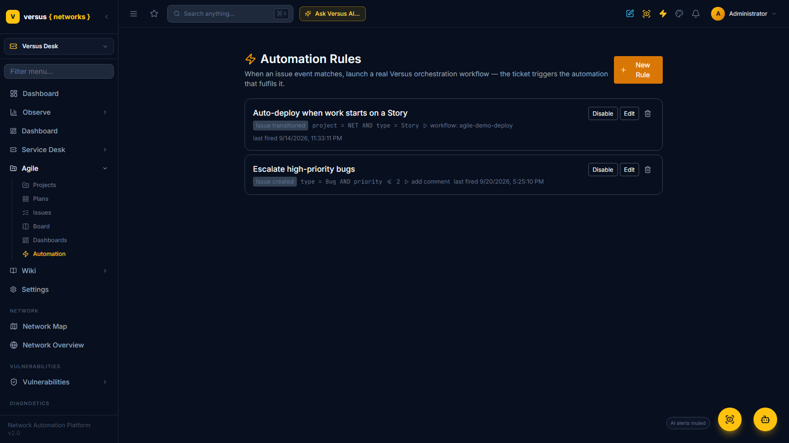 Click to enlarge Automation Rules page listing two rules: auto-deploy when work starts on a Story, and escalate high-priority bugs