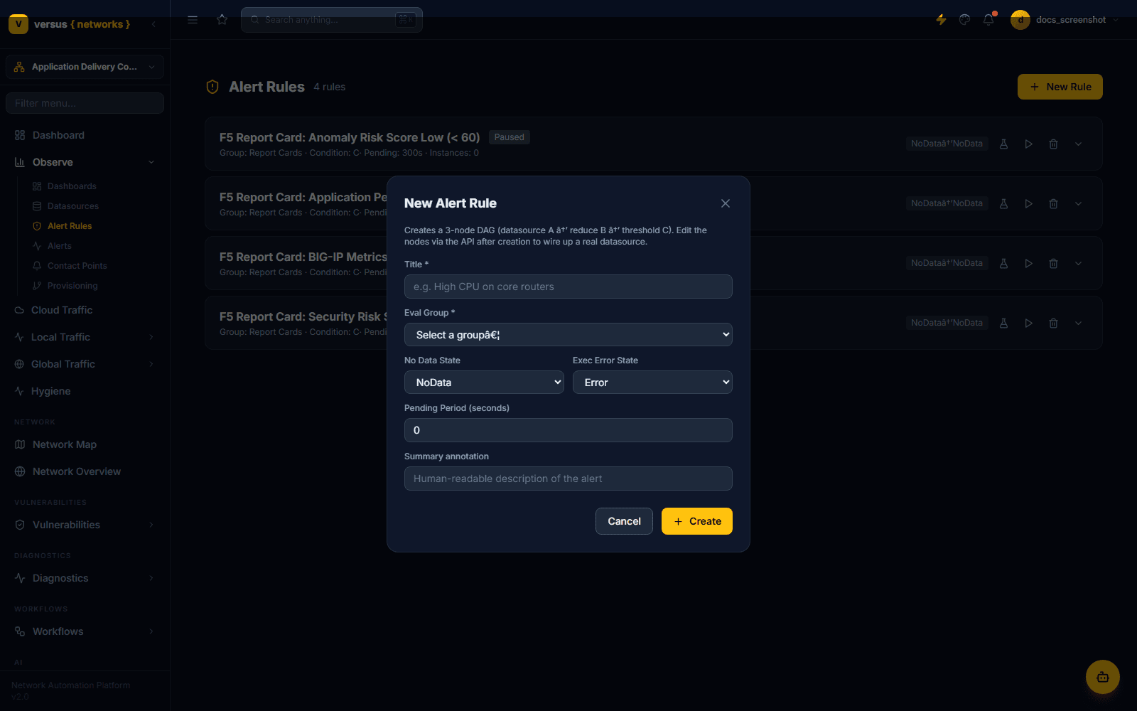 Click to enlarge New Alert Rule form with Title, Eval Group dropdown, No Data State set to NoData, Exec Error State set to Error, Pending Period in seconds, and Summary annotation fields