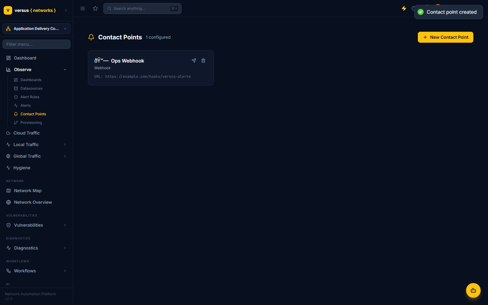 Click to enlarge Contact Points list showing one configured Webhook contact point named Ops Webhook, with its URL and Test and delete icons