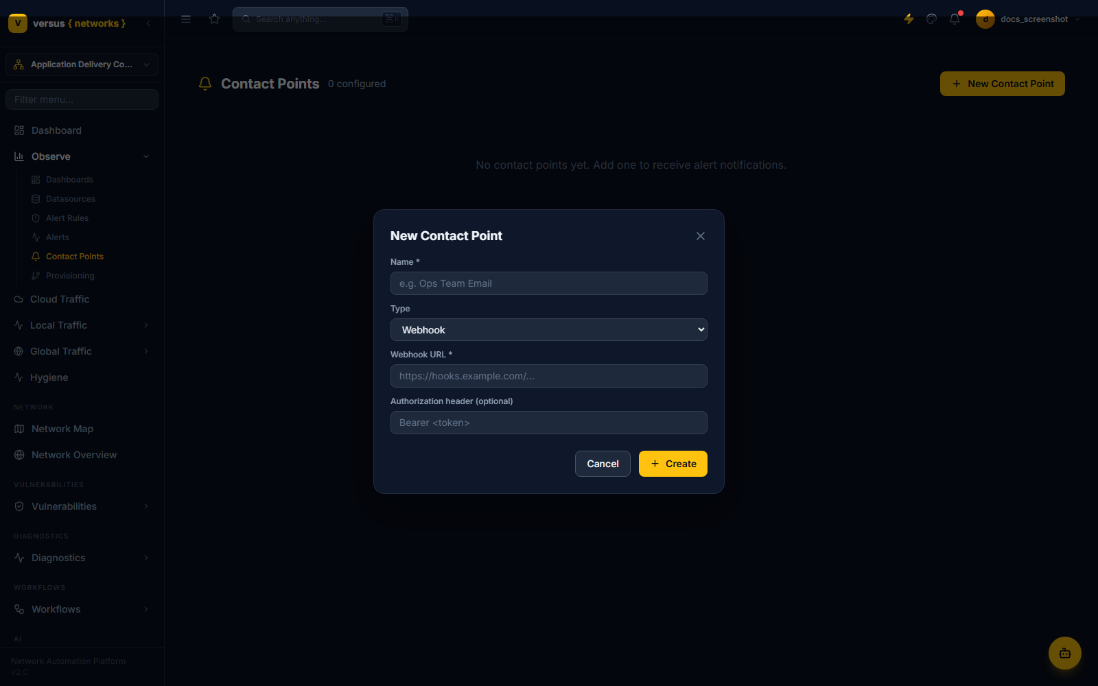 Click to enlarge New Contact Point form with Type set to Webhook, showing Name, Webhook URL, and Authorization header fields