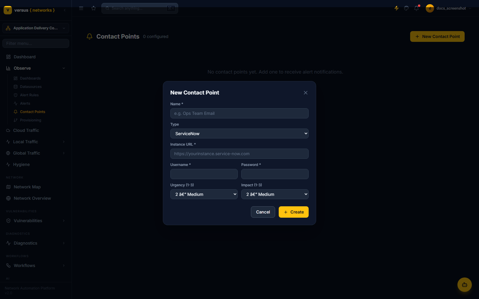Click to enlarge New Contact Point form with Type set to ServiceNow, showing Instance URL, Username, Password, Urgency, and Impact fields