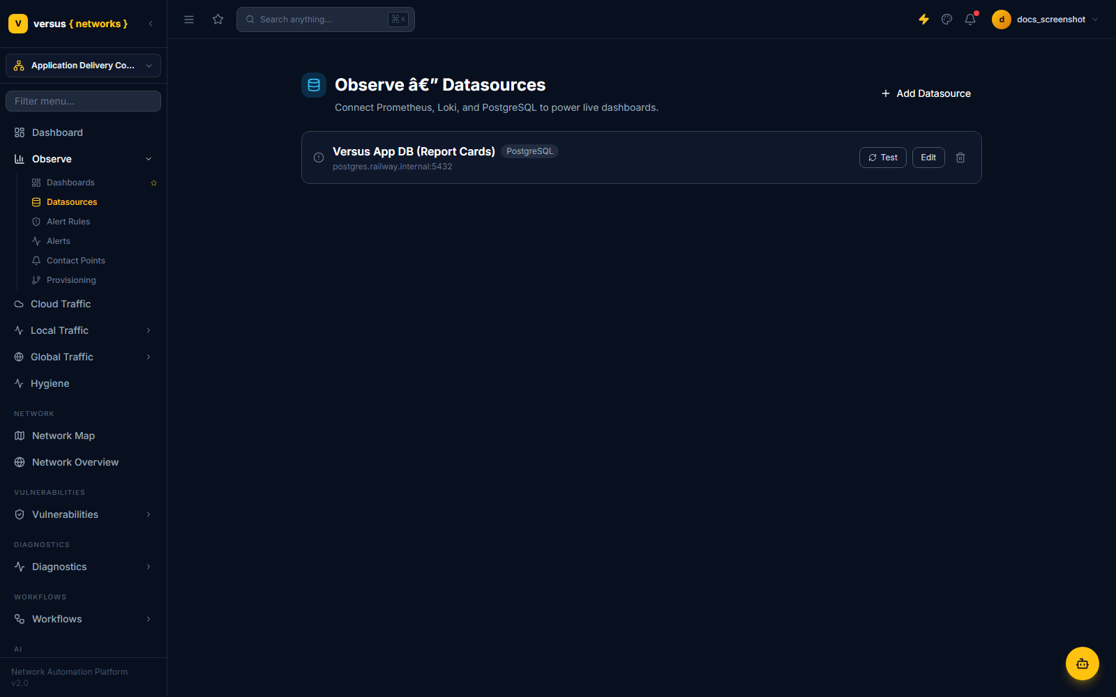 Click to enlarge Observe Datasources list showing one configured PostgreSQL connection with Test and Edit buttons