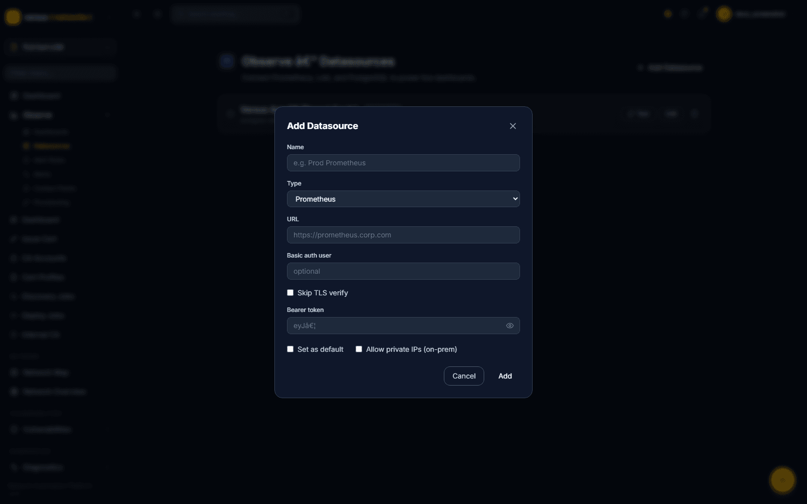 Click to enlarge Add Datasource modal with Type set to Prometheus, showing URL, Basic auth user, Skip TLS verify, and Bearer token fields