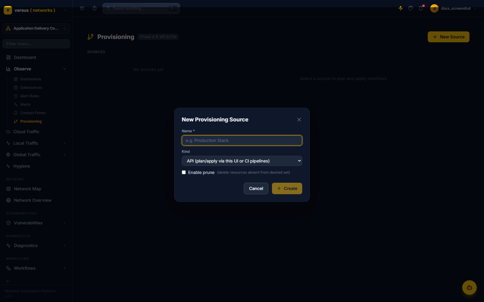 Click to enlarge New Provisioning Source form with Name field, a Kind dropdown showing API (plan/apply via this UI or CI pipelines) selected, and an Enable prune checkbox