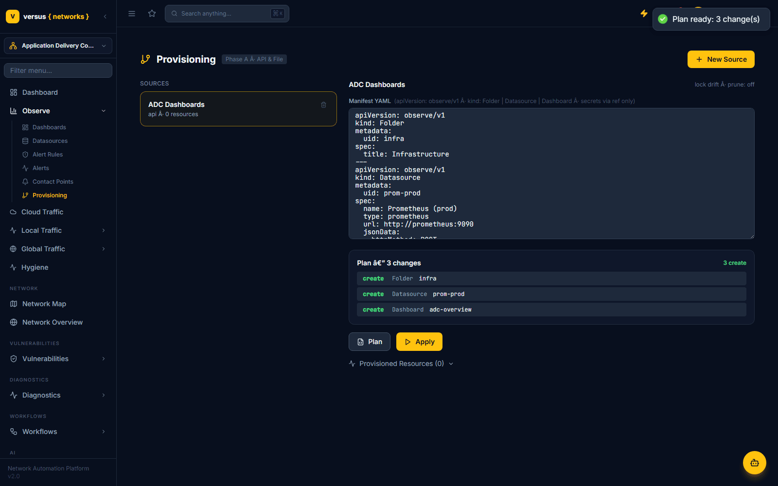 Click to enlarge Plan result showing 3 changes: create Folder infra, create Datasource prom-prod, create Dashboard adc-overview