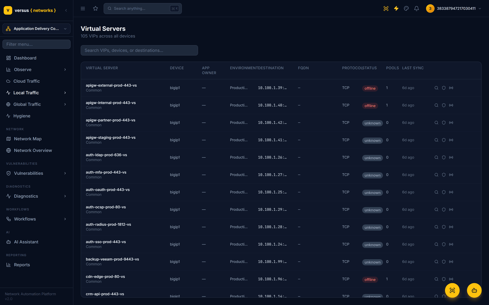 Virtual Servers list — each VIP exposes a live packet-capture action