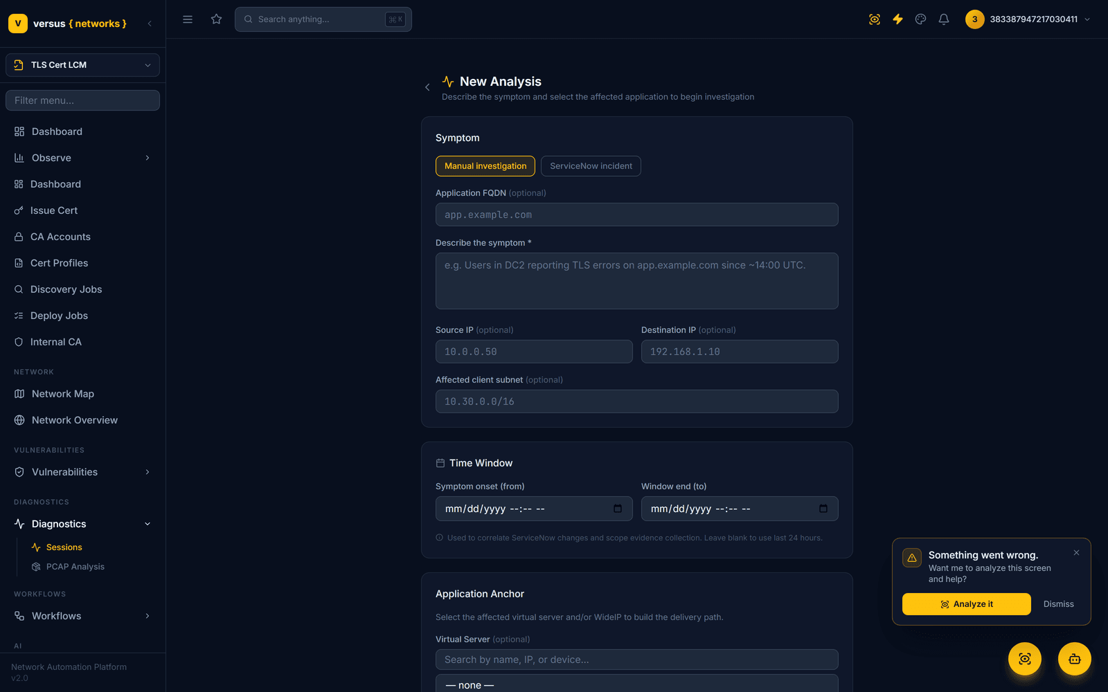 New Analysis form with source and destination IP and virtual server anchor