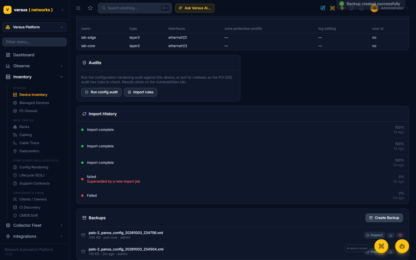 Click to enlarge The new backup at the top of the list, attributed to the operator who took it