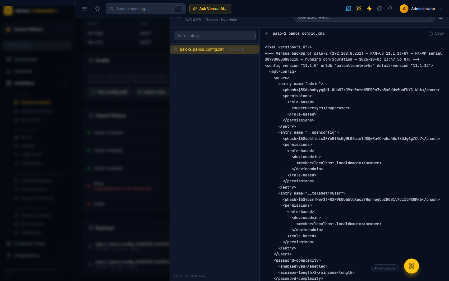 Click to enlarge Inspecting a backup — the full running configuration XML in the side panel