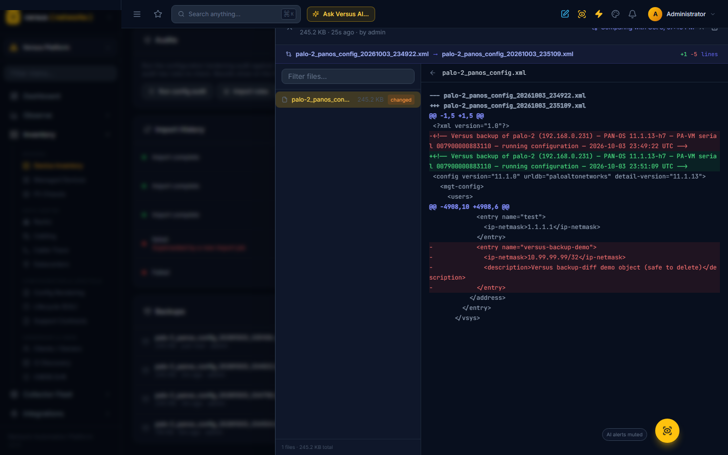 Click to enlarge Comparing two backups — the diff shows the address object that was removed and committed between them