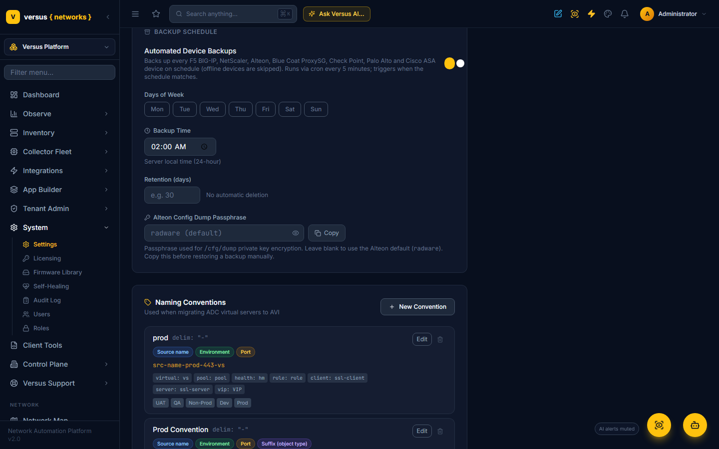 Click to enlarge Backup Schedule settings — days, time and the retention window