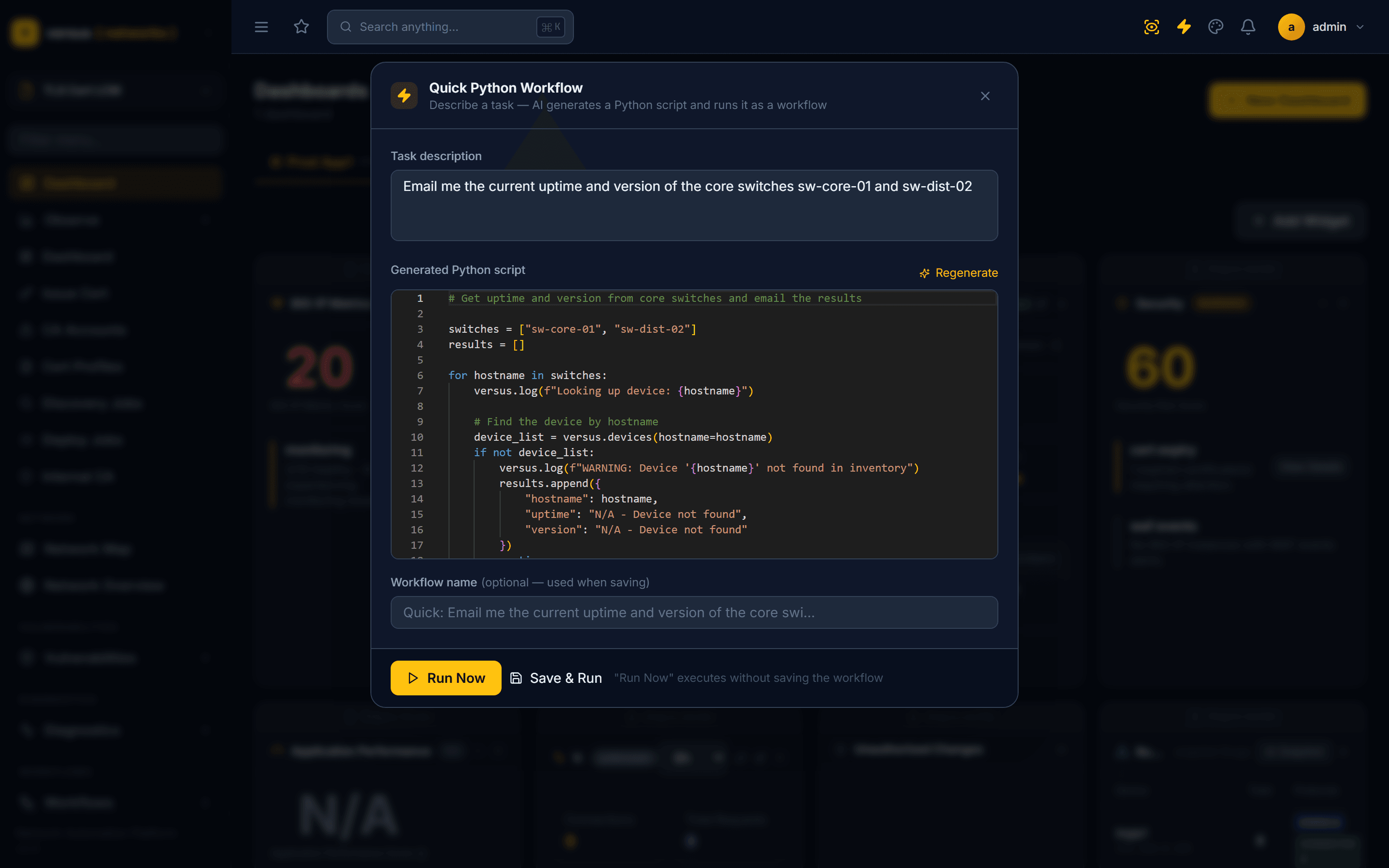 Click to enlarge The generated Python script shown in the code editor with Run Now and Save & Run