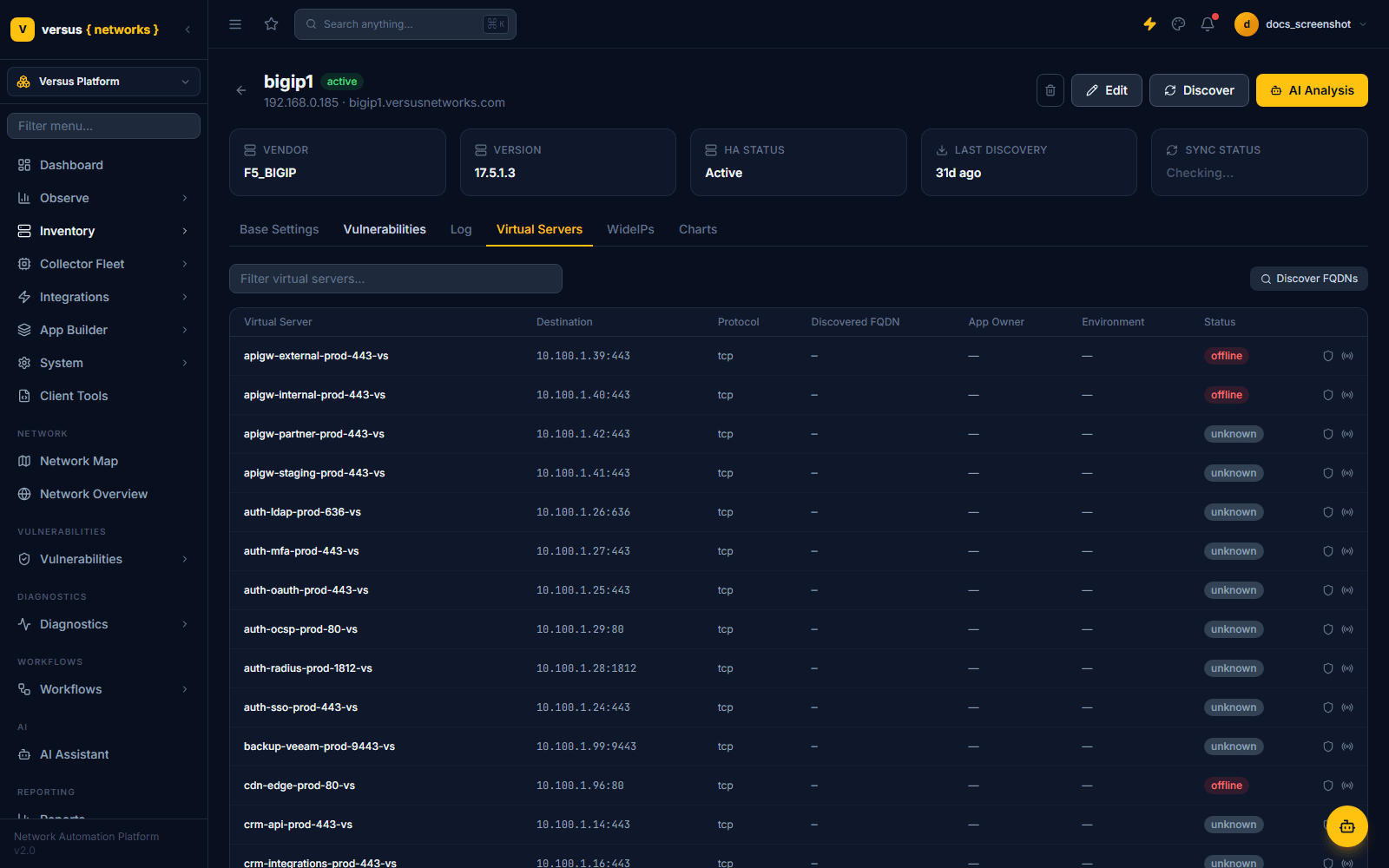 Click to enlarge Device detail page showing discovered virtual servers