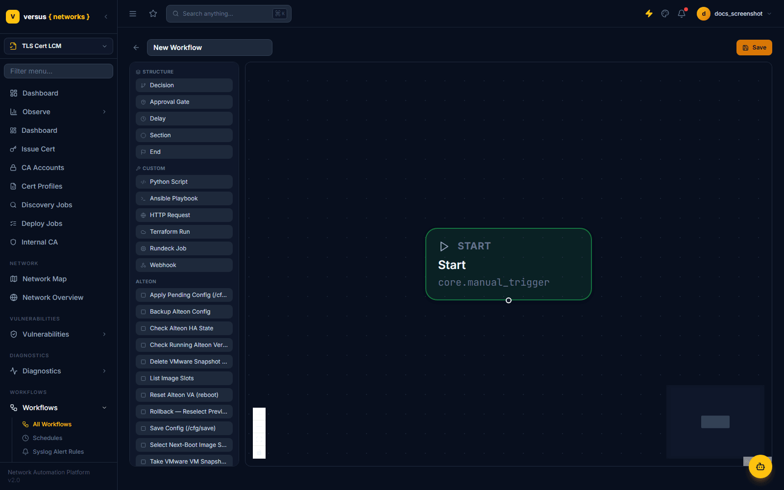 Click to enlarge Blank workflow canvas with a Start node and the action palette