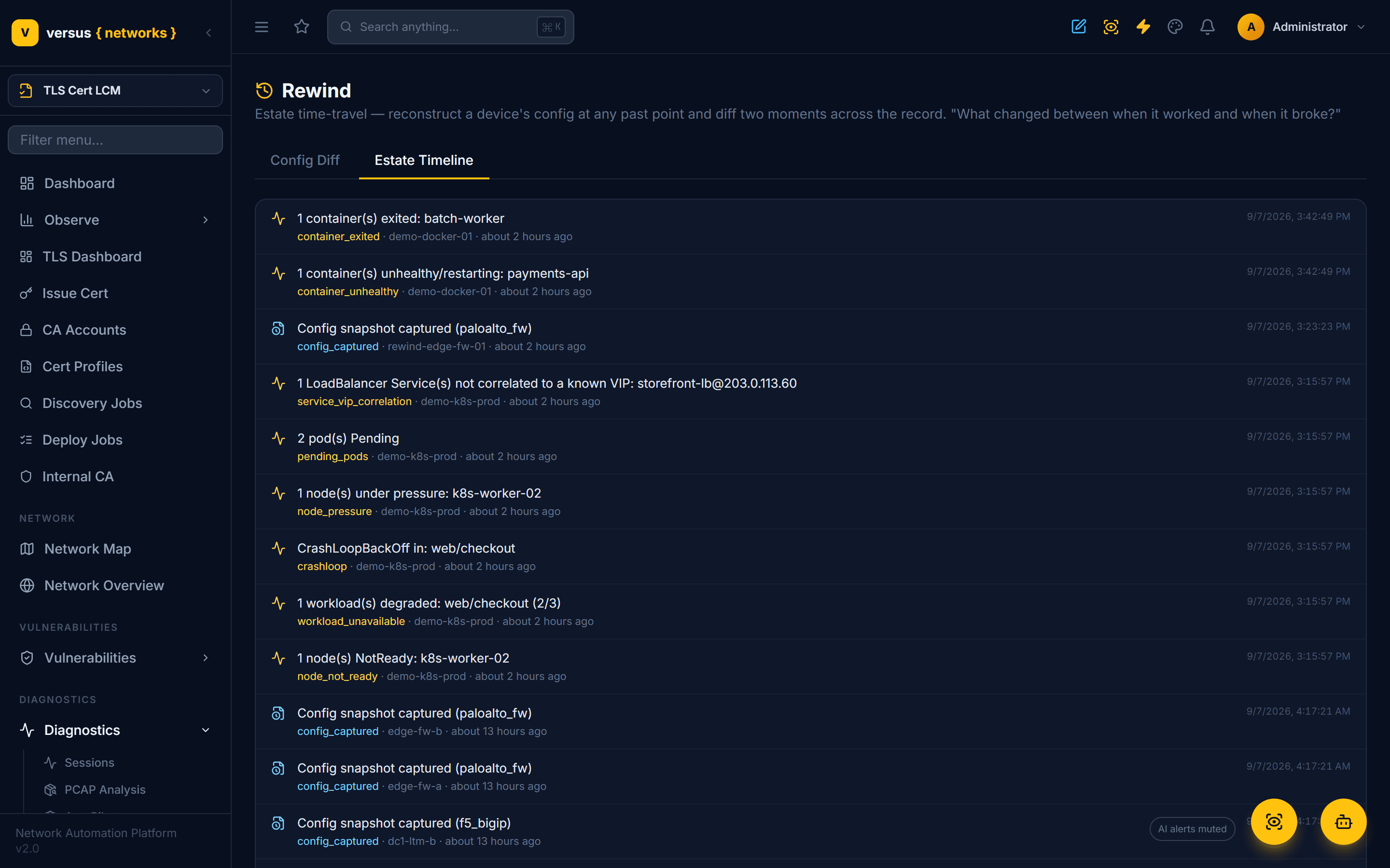 Rewind's Estate Timeline tab: a newest-first feed mixing container-monitor events on demo-docker-01 and demo-k8s-prod — container_exited, container_unhealthy, service_vip_correlation, pending_pods, node_pressure, crashloop, workload_unavailable, node_not_ready — with config_captured events for rewind-edge-fw-01, edge-fw-b, edge-fw-a and dc1-ltm-b. Each row shows its kind, device, relative age and absolute timestamp.