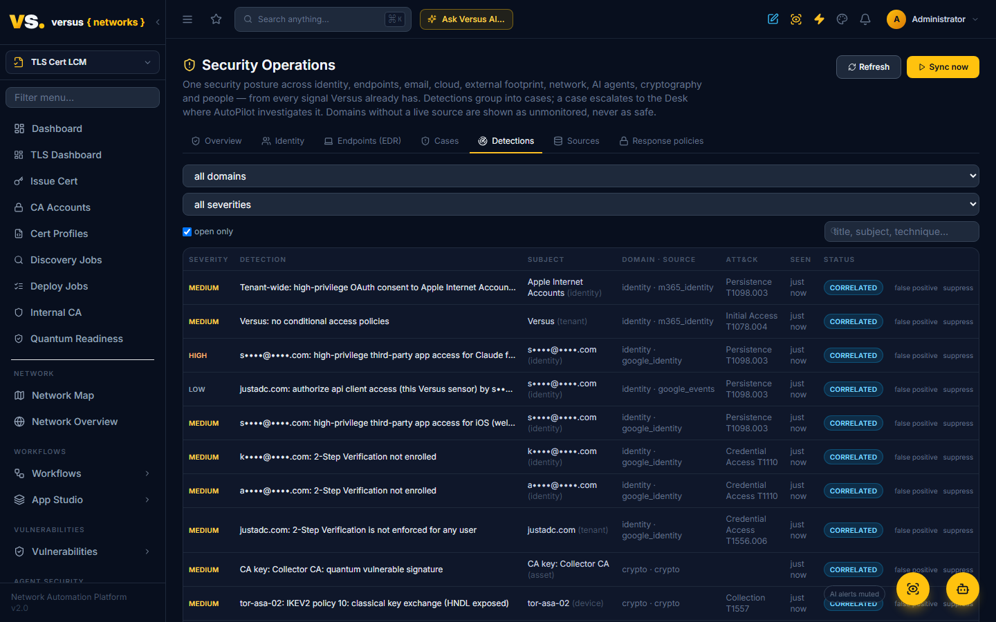 Click to enlarge Detections — every source normalised with severity, subject, domain and ATT&CK technique