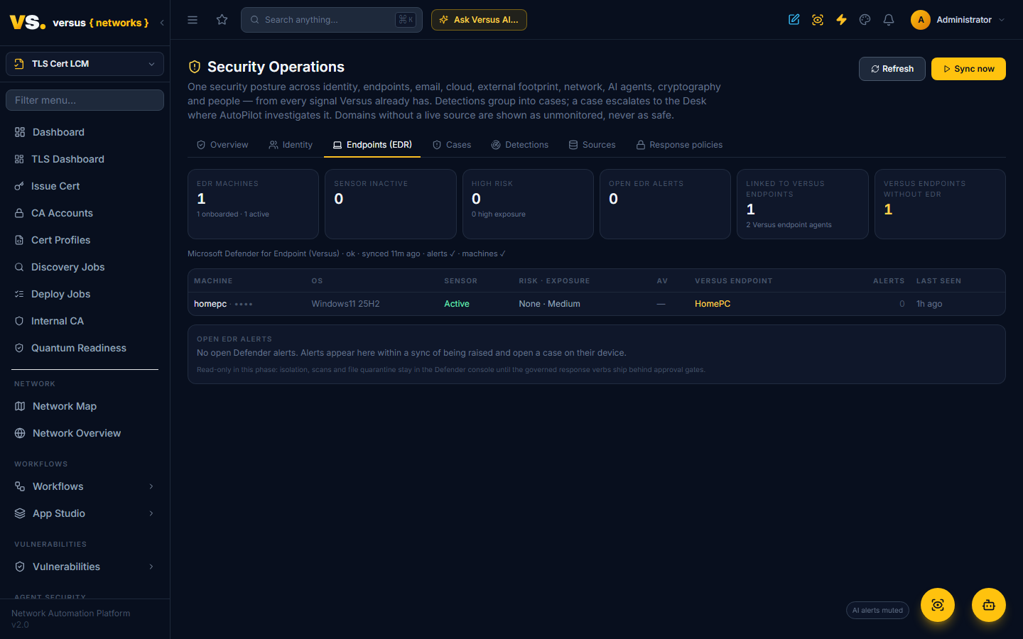 Click to enlarge Endpoints (EDR) — Defender machines with sensor health, risk and exposure, linked to the Versus endpoint agents, and the open alerts