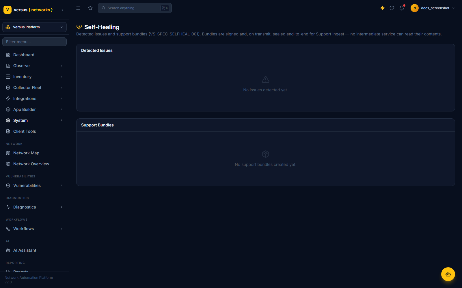 Self-Healing page with Detected Issues and Support Bundles panels, both currently empty, and a header noting bundles are signed and sealed end-to-end for Support Ingest