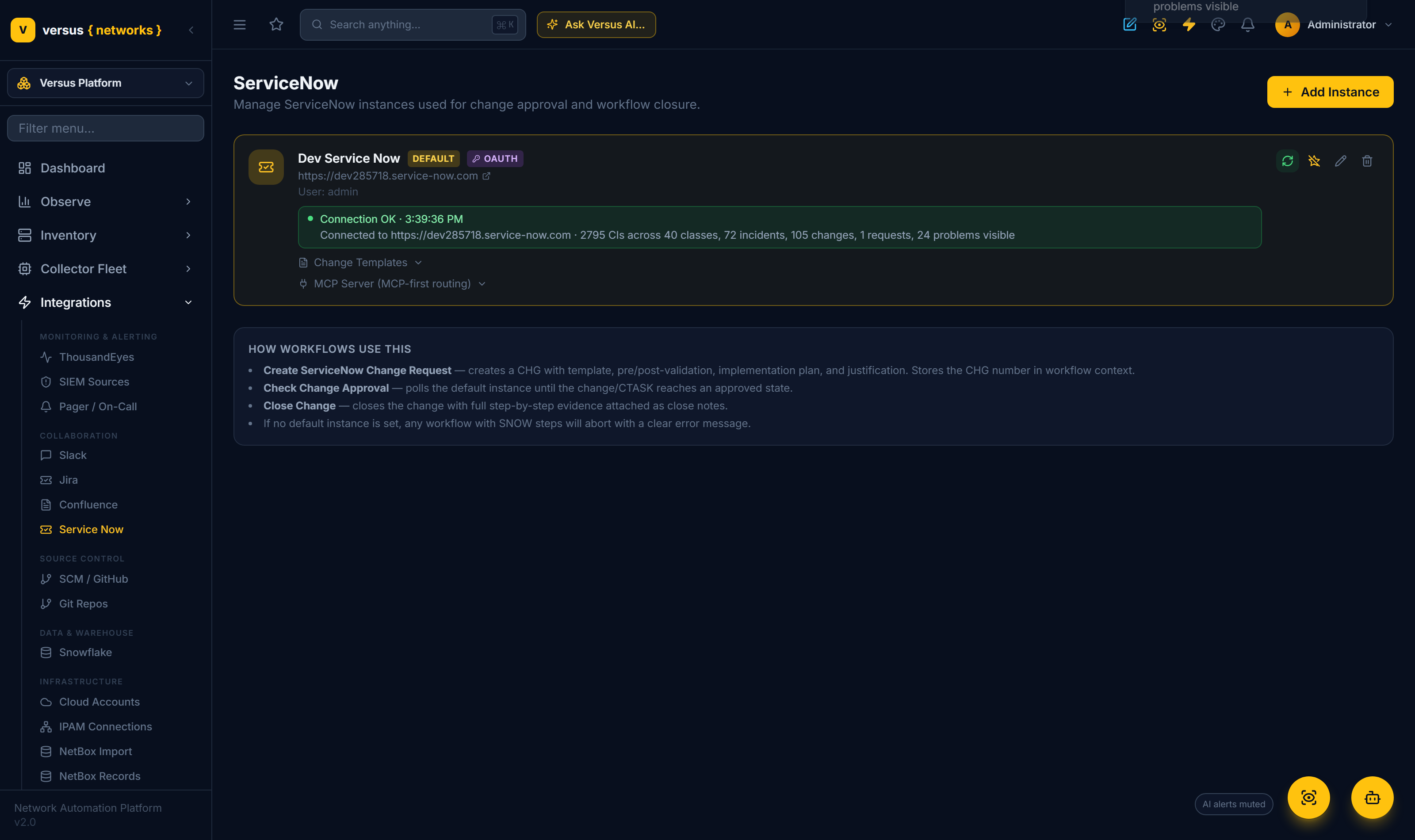 Click to enlarge The Service Now instance card after a successful test — a persistent green result line reporting the CI count across classes plus incident, change, request and problem counts