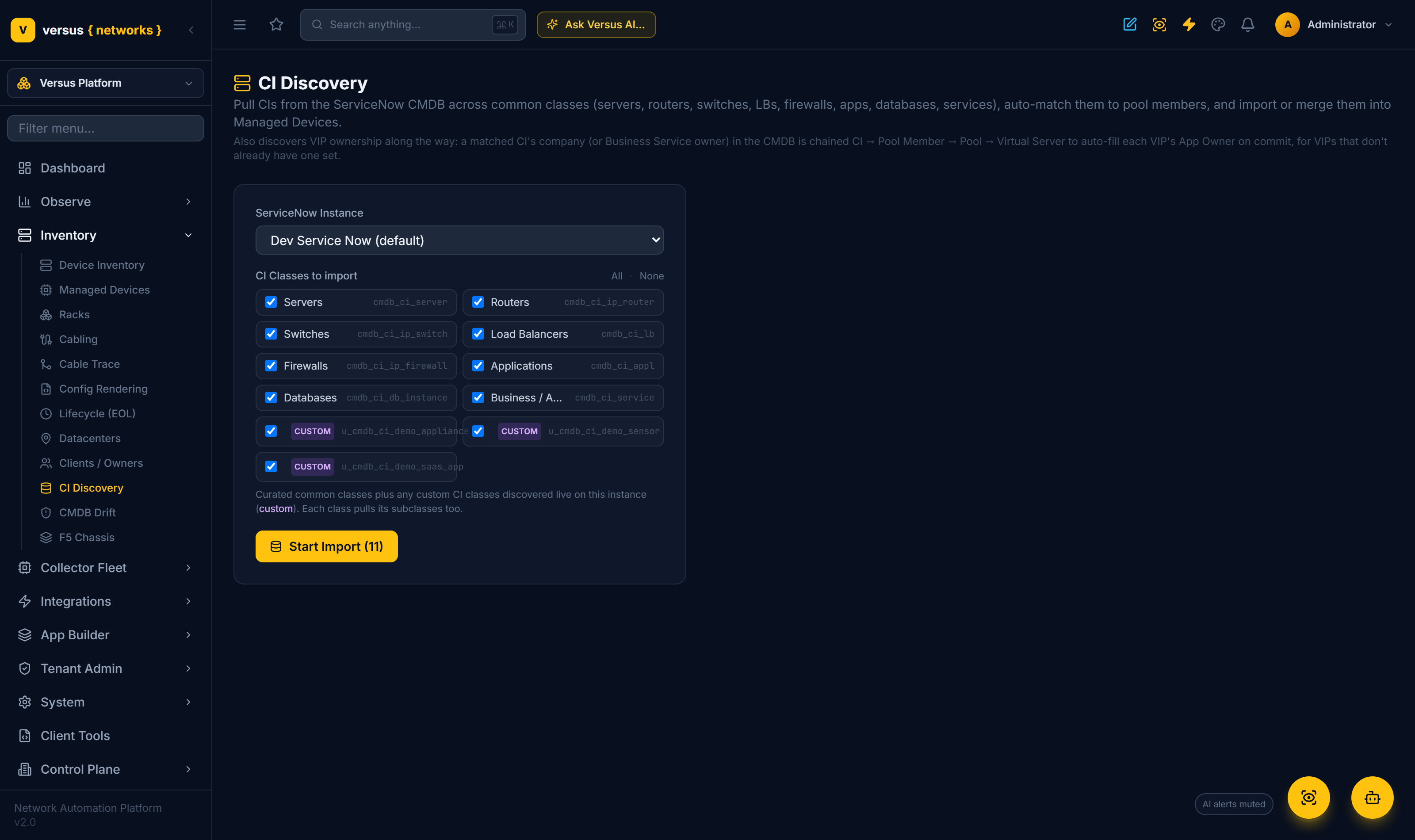 Click to enlarge The CI Discovery Start Import panel with the live class picker — common CMDB classes plus discovered custom classes badged custom, each selectable