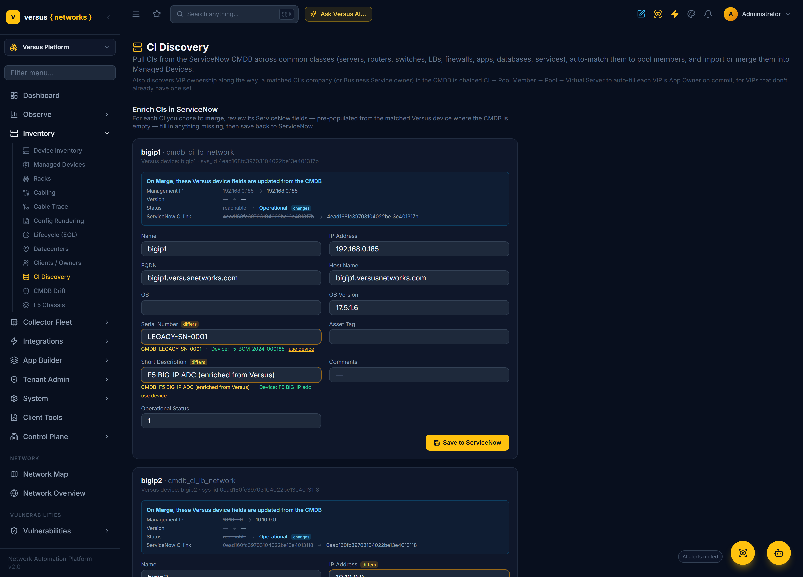 Click to enlarge The Enrich step for a merged CI — form fields pre-populated from the Versus device, a differs highlight on a stale serial number, and the merge-impact panel