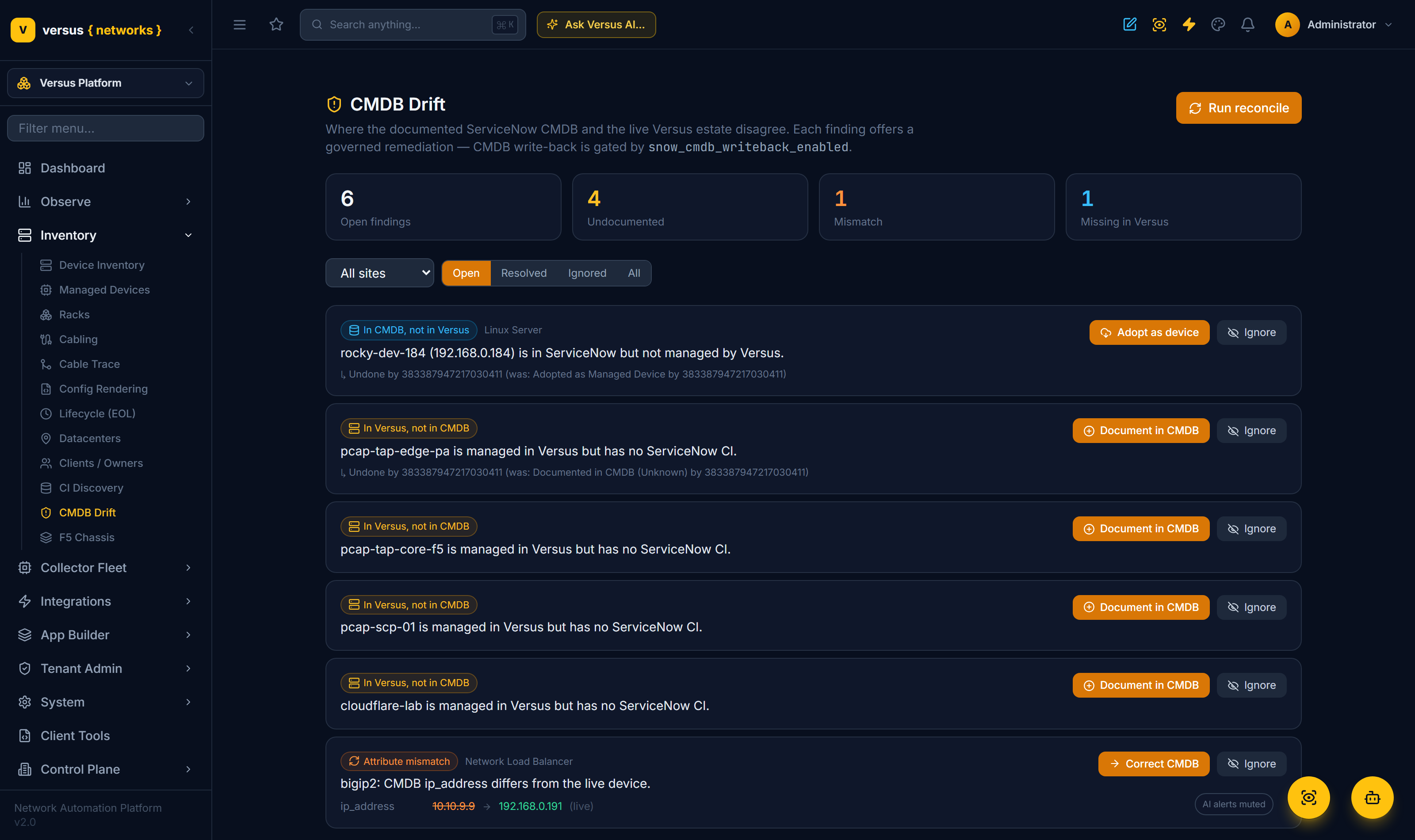 Click to enlarge The CMDB Drift dashboard — summary tiles for undocumented / mismatch / missing findings, a mismatch row showing CMDB vs device values, and governed remediation buttons