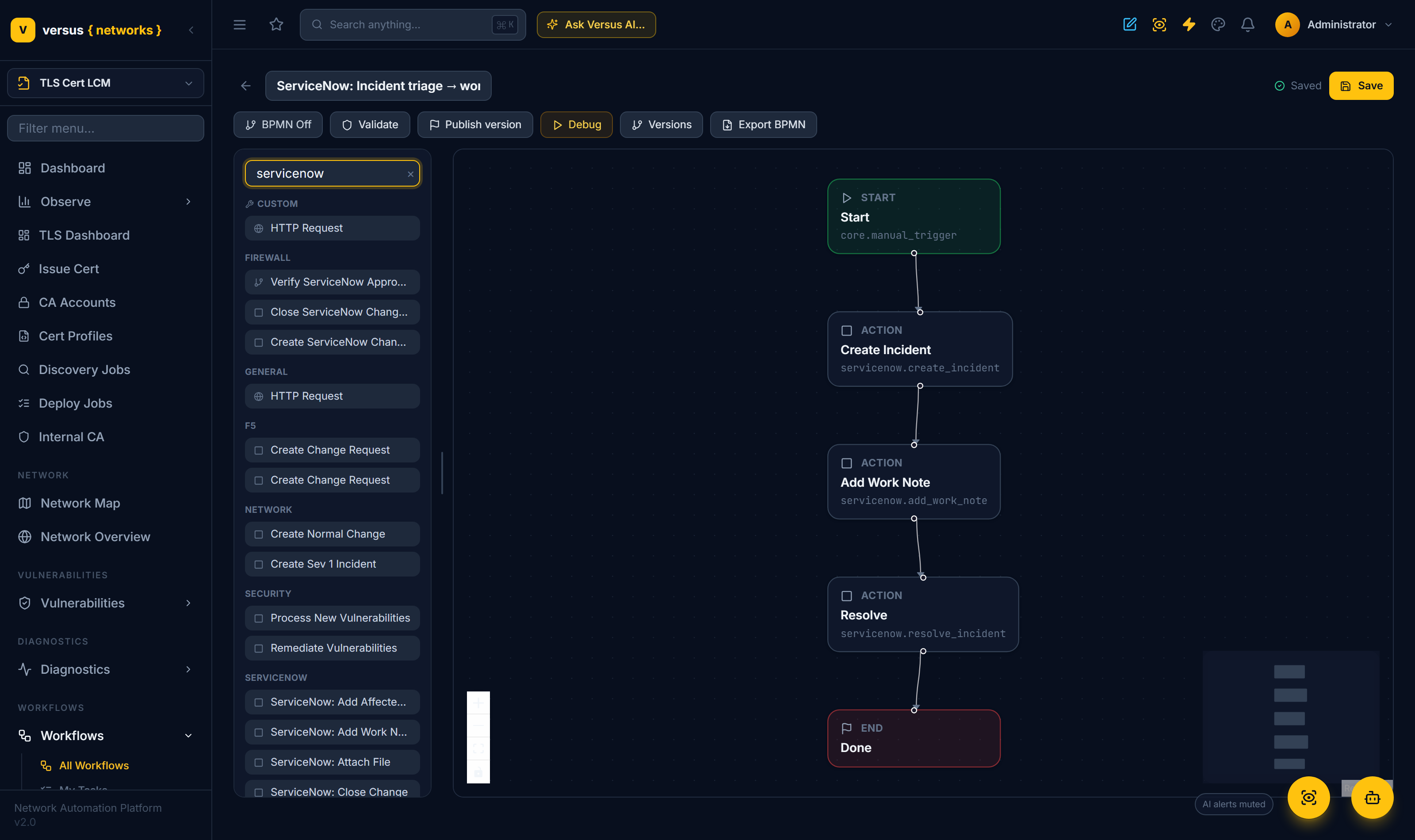 Click to enlarge The workflow editor with the palette filtered to servicenow — a dedicated ServiceNow node category — beside a ServiceNow incident-triage workflow: create incident, add work note, resolve