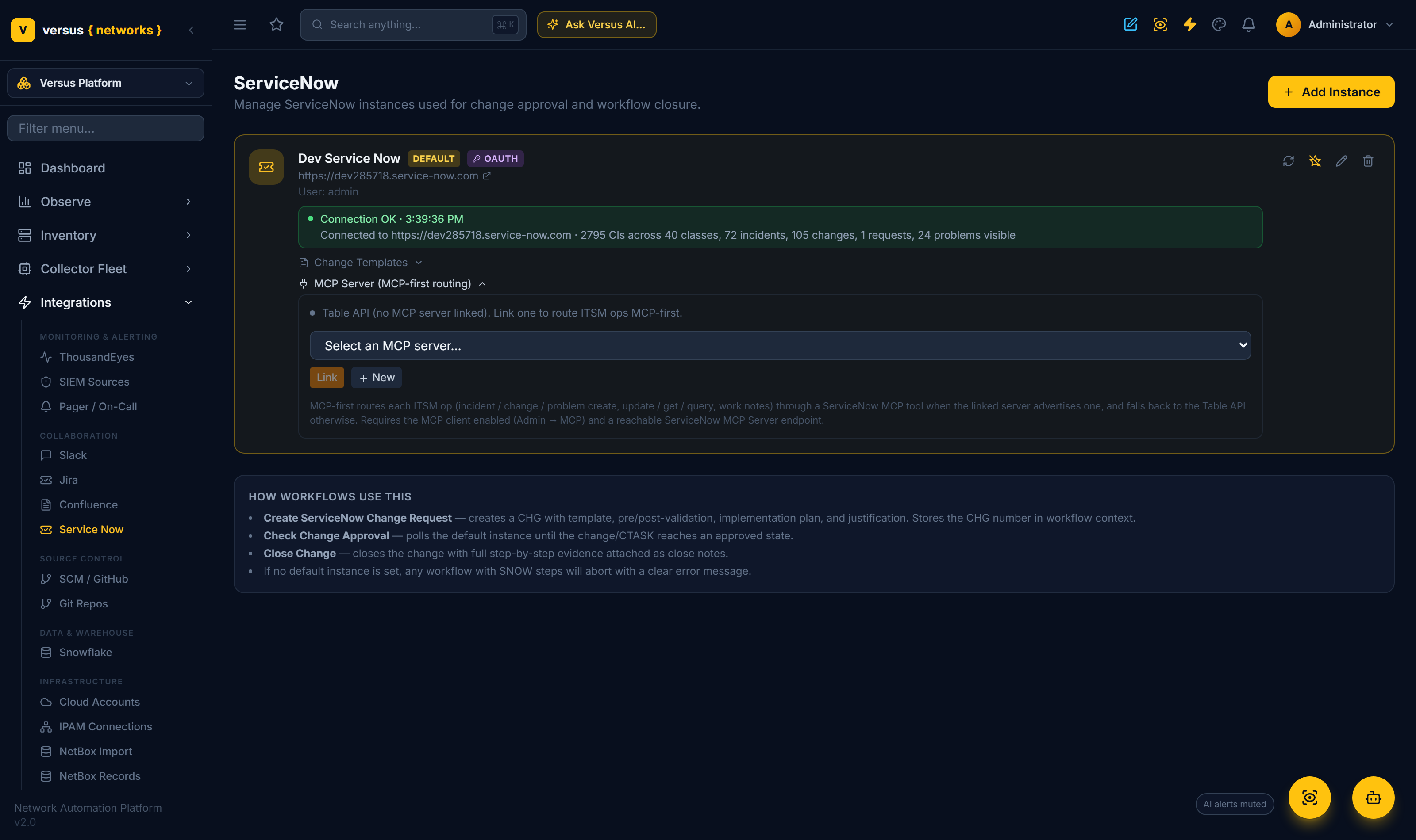 Click to enlarge The MCP Server panel on the Service Now instance — a routing-status line, a linked-connection control, and the per-operation MCP-vs-Table routing