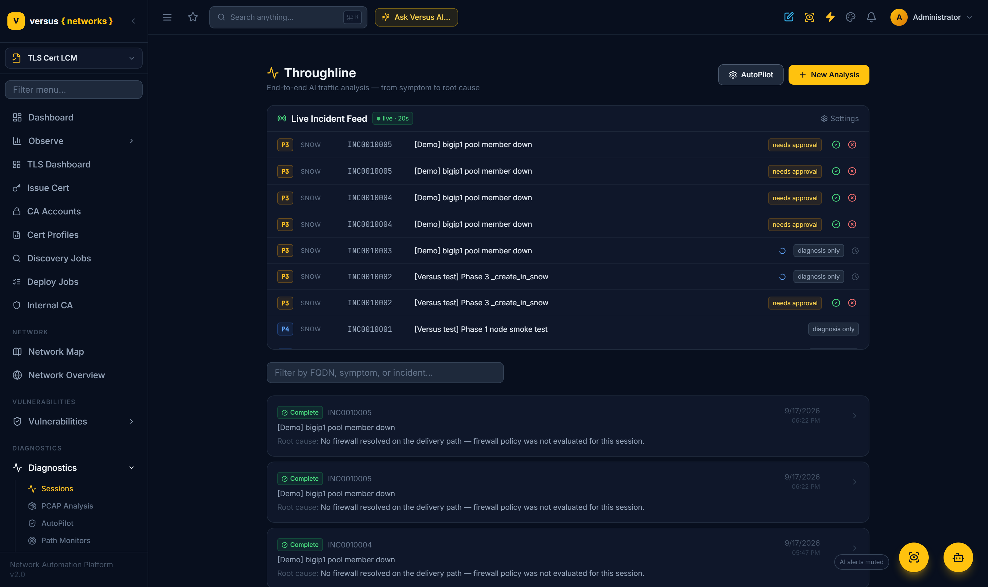 Click to enlarge The AutoPilot live feed — ServiceNow incidents picked up into Analysis Sessions, with triage and diagnosis under way