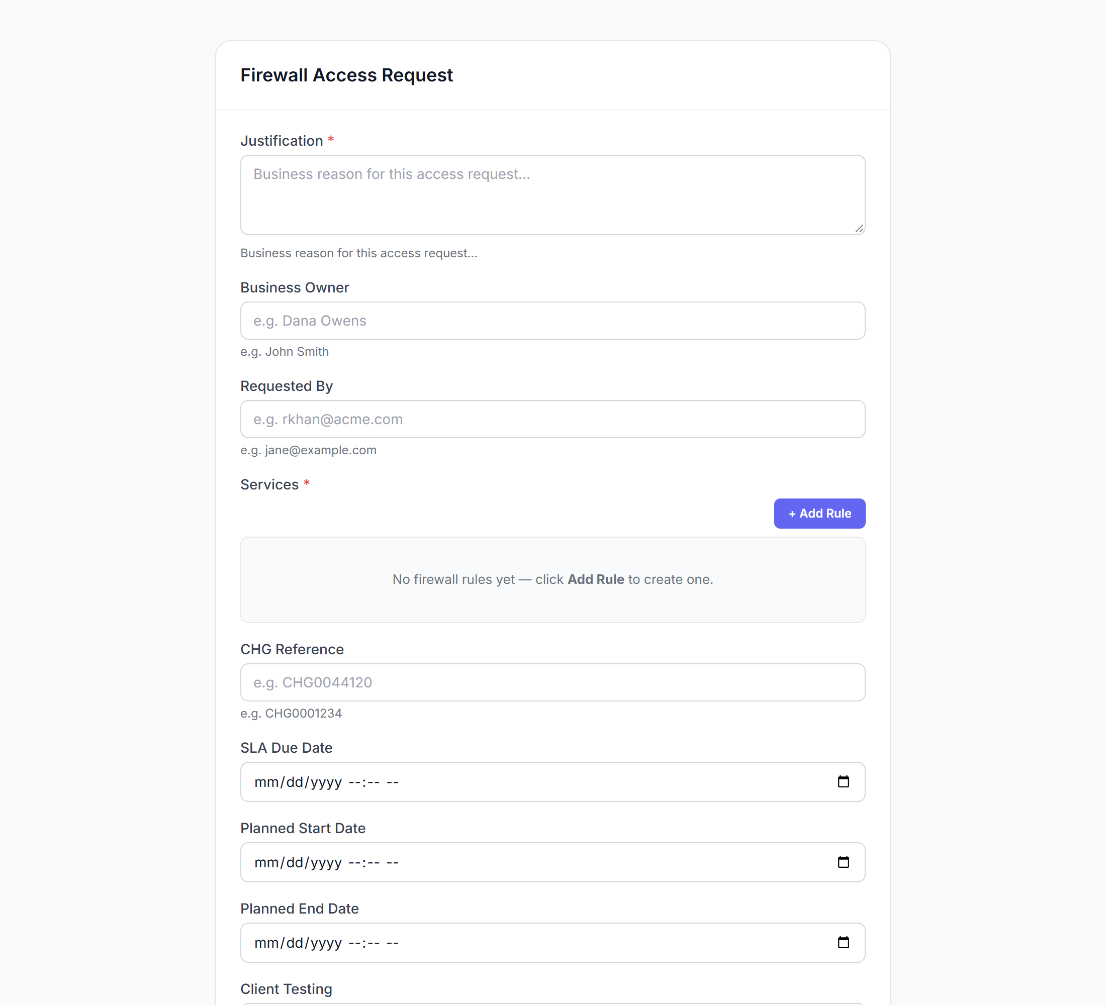 Click to enlarge The published Firewall Access Request form rendered at its public /embed/<token> URL — exactly what a ServiceNow user sees inside a catalog item
