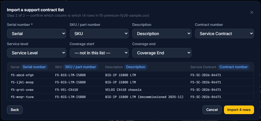Import step 2 — the detected columns, each confirmed against a sample of the rows