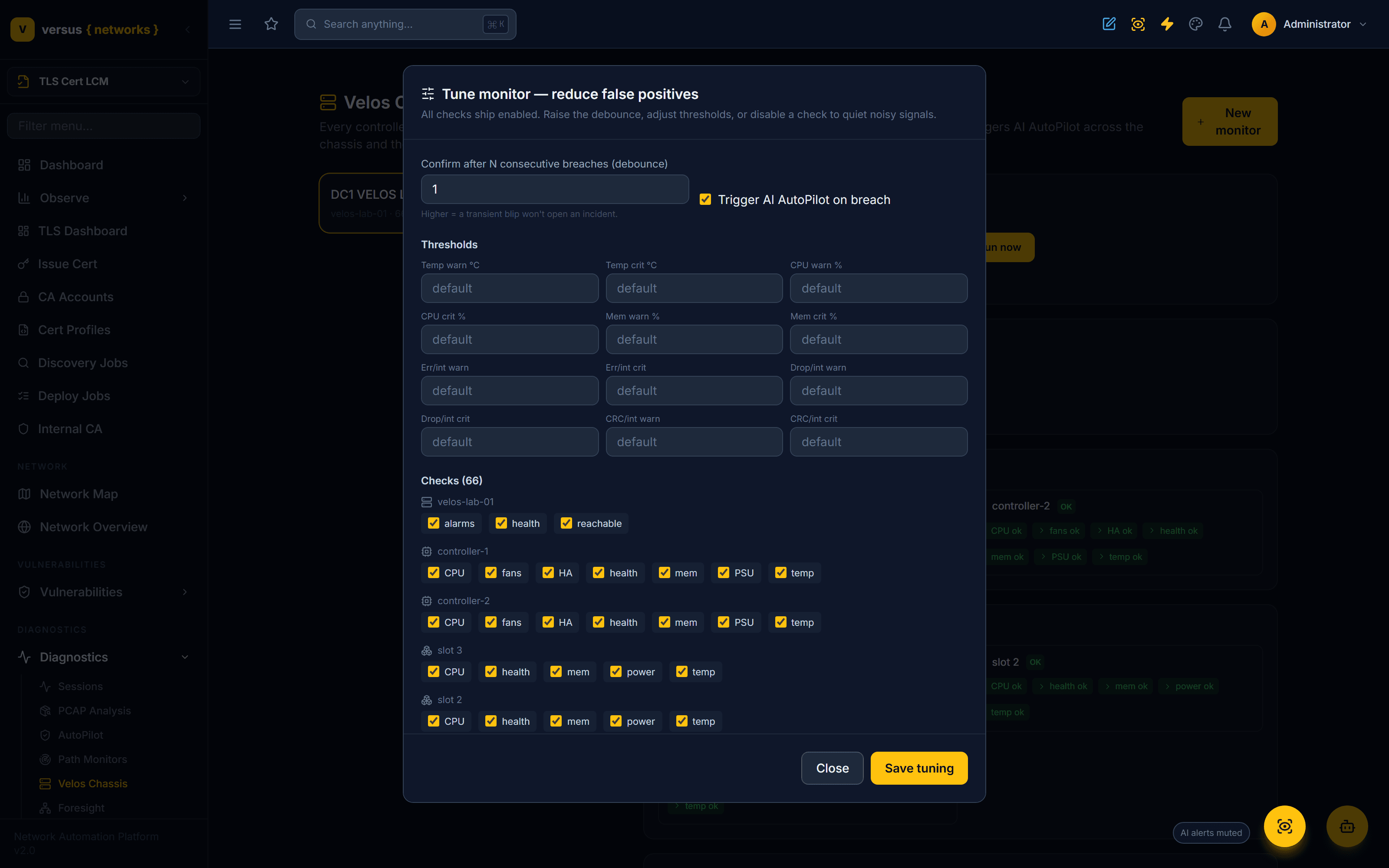 Click to enlarge The Tune panel with debounce, thresholds, and per-check toggles