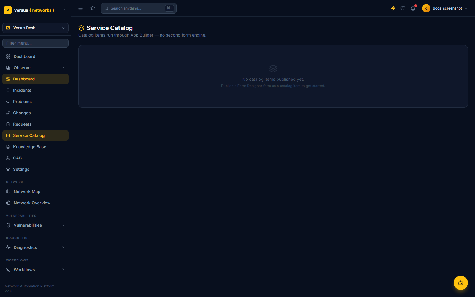 Click to enlarge Service Catalog page, currently with no items published
