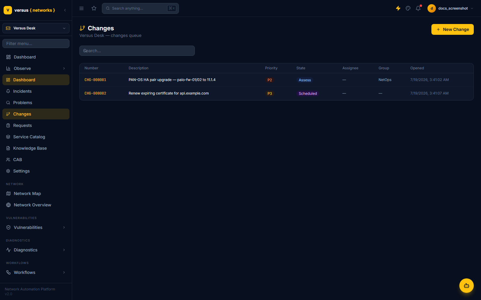 Click to enlarge Changes queue showing CHG-000001 in Assess state and CHG-000002 Scheduled